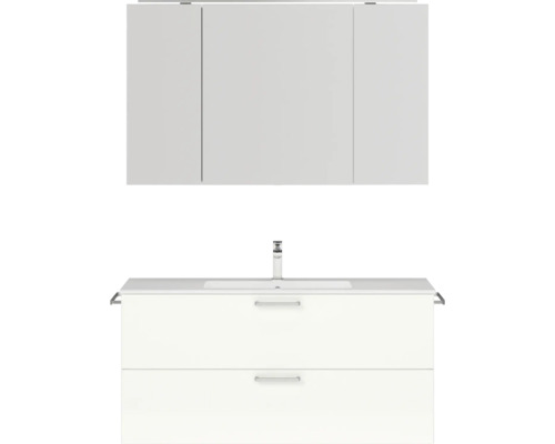 Badmöbel-Set NOBILIA Programm 2 BxHxT 121 x 169,1 x 48,7 cm Frontfarbe weiß hochglanz mit Möbel-Waschtisch und Spiegelschrank 3-türig mit LED-Beleuchtung Griff chrom matt 299 Badezimmerset mit Waschbeckenunterschrank, Waschbecken und Spiegelschrank