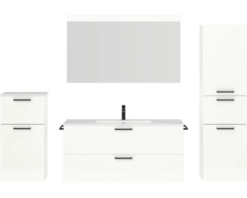 Badmöbel-Set NOBILIA Programm 2 BxHxT 230 x 169,1 x 48,7 cm Frontfarbe weiß hochglanz mit Möbel-Waschtisch weiß und Spiegel mit LED-Beleuchtung Midischrank Unterschrank Griff schwarz 306 Badezimmer mit Waschtischunterschrank, Spiegelschrank und Hochschränken