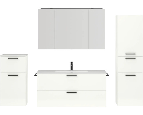 Badmöbel-Set NOBILIA Programm 2 BxHxT 230 x 169,1 x 48,7 cm Frontfarbe weiß hochglanz mit Möbel-Waschtisch und Spiegelschrank 3-türig mit LED-Beleuchtung Unterschrank Midischrank Griff schwarz 314 Komplette Badezimmereinrichtung mit Waschtisch, Spiegelschrank und Hochschrank