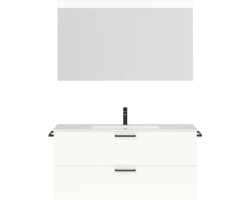 Badmöbel-Set NOBILIA Programm 2 BxHxT 121 x 169,1 x 48,7 cm Frontfarbe weiß hochglanz Badmöbelset 2-teilig mit Waschtisch Mineralmarmor weiß und Waschtischunterschrank Mineralguss-Waschtisch Spiegel mit LED-Beleuchtung