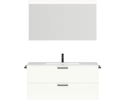 Badmöbel-Set NOBILIA Programm 2 BxHxT 121 x 169,1 x 48,7 cm Frontfarbe weiß hochglanz mit Möbel-Waschtisch weiß und Spiegel mit LED-Beleuchtung Griff schwarz 290 Badezimmermöbel-Set mit Waschtischunterschrank, Waschbecken und Spiegel