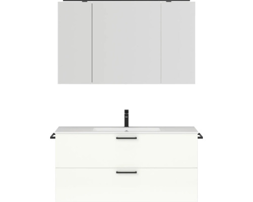 Badmöbel-Set NOBILIA Programm 2 BxHxT 121 x 169,1 x 48,7 cm Frontfarbe weiß hochglanz mit Möbel-Waschtisch und Spiegelschrank 3-türig mit LED-Beleuchtung Griff schwarz 298