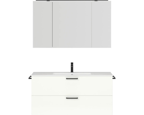 Badmöbel-Set NOBILIA Programm 2 BxHxT 121 x 169,1 x 48,7 cm Frontfarbe weiß hochglanz mit Möbel-Waschtisch und Spiegelschrank 3-türig mit LED-Beleuchtung Griff schwarz 298 Waschtischunterschrank mit zwei Schubladen, Waschtischplatte mit Waschbecken und Spiegelschrank für das Badezimmer