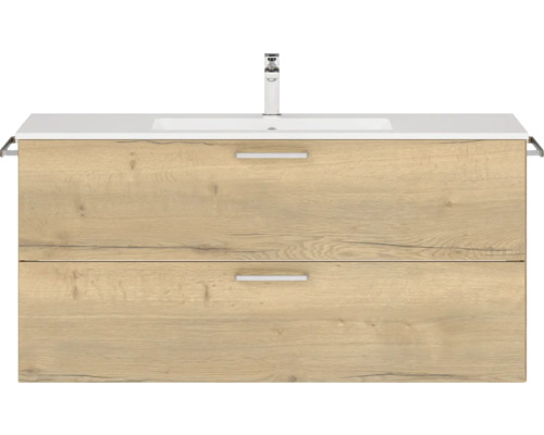 Badmöbel-Set NOBILIA Programm 2 BxHxT 121 x 59,1 x 48,7 cm Frontfarbe eiche natur mit Möbel-Waschtisch weiß Griff chrom matt 287 Waschtisch mit zwei Schubladen und Handtuchhalter