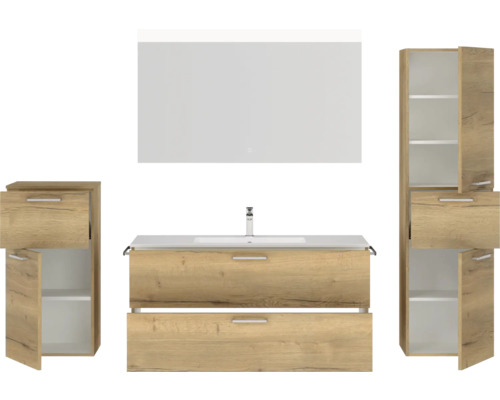 Badezimmermöbel Set mit Waschbecken, Unterschrank, Spiegelschrank und Hochschrank