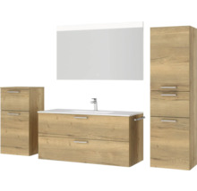 Badezimmer-Set mit Waschtischunterschrank, Spiegelschrank und Hochschrank im Holzdekor