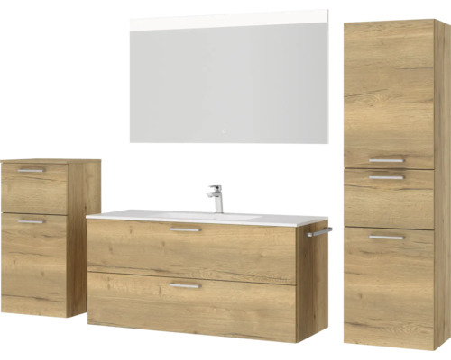 Badezimmer-Set mit Waschtischunterschrank, Spiegelschrank und Hochschrank im Holzdekor