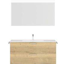 Badmöbel-Set NOBILIA Programm 2 BxHxT 121 x 169,1 x 48,7 cm Frontfarbe eiche natur mit Möbel-Waschtisch weiß und Spiegel mit LED-Beleuchtung Griff chrom matt 295