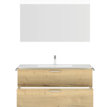 Badmöbel-Set NOBILIA Programm 2 BxHxT 121 x 169,1 x 48,7 cm Frontfarbe eiche natur mit Möbel-Waschtisch weiß und Spiegel mit LED-Beleuchtung Griff chrom matt 295
