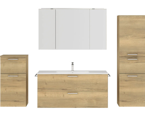 Badmöbel-Set NOBILIA Programm 2 BxHxT 230 x 169,1 x 48,7 cm Frontfarbe eiche natur mit Möbel-Waschtisch und Spiegelschrank 3-türig mit LED-Beleuchtung Unterschrank Midischrank Griff chrom matt 319 Badezimmer-Set mit Waschtisch, Spiegelschrank und Hochschränken