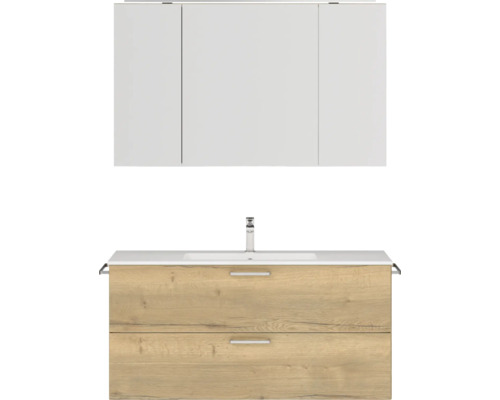 Badmöbel-Set NOBILIA Programm 2 BxHxT 121 x 169,1 x 48,7 cm Frontfarbe eiche natur mit Möbel-Waschtisch und Spiegelschrank 3-türig mit LED-Beleuchtung Griff chrom matt 303 Waschtischkombination mit Unterschrank, Waschbecken und Spiegelschrank