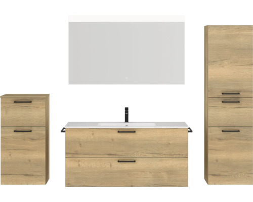 Badmöbel-Set NOBILIA Programm 2 BxHxT 230 x 169,1 x 48,7 cm Frontfarbe eiche natur mit Möbel-Waschtisch weiß und Spiegel mit LED-Beleuchtung Midischrank Unterschrank Griff schwarz 310 Badezimmer-Set mit Waschtischunterschrank, Spiegelschrank und zwei Seitenschränken in Holzoptik