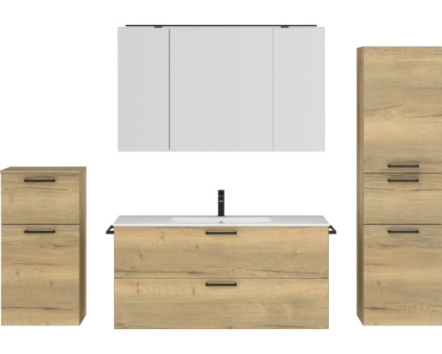Badmöbel-Set NOBILIA Programm 2 BxHxT 230 x 169,1 x 48,7 cm Frontfarbe eiche natur mit Möbel-Waschtisch und Spiegelschrank 3-türig mit LED-Beleuchtung Unterschrank Midischrank Griff schwarz 318 Badezimmer-Set mit Waschtischunterschrank, Waschbecken, Spiegelschrank und Hochschränken in Holzoptik