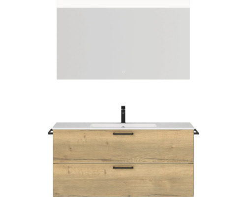 Badmöbel-Set NOBILIA Programm 2 BxHxT 121 x 169,1 x 48,7 cm Frontfarbe eiche natur mit Möbel-Waschtisch weiß und Spiegel mit LED-Beleuchtung Griff schwarz 294