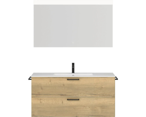 Badmöbel-Set NOBILIA Programm 2 BxHxT 121 x 169,1 x 48,7 cm Frontfarbe eiche natur mit Möbel-Waschtisch weiß und Spiegel mit LED-Beleuchtung Griff schwarz 294 Badezimmermöbel-Set mit Waschtischunterschrank und Spiegel