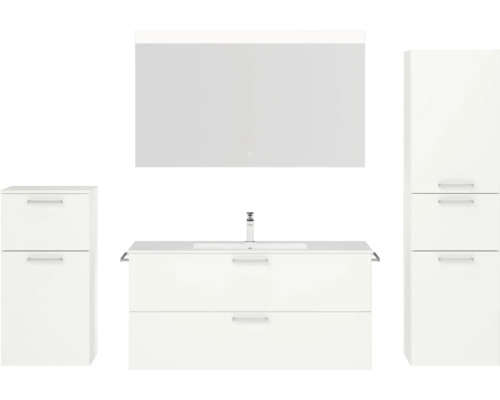 Badmöbel-Set NOBILIA Programm 2 BxHxT 230 x 169,1 x 48,7 cm Frontfarbe weiß matt mit Möbel-Waschtisch weiß und Spiegel mit LED-Beleuchtung Midischrank Unterschrank Griff chrom matt 305
