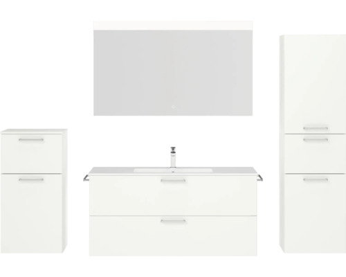 Badmöbel-Set NOBILIA Programm 2 BxHxT 230 x 169,1 x 48,7 cm Frontfarbe weiß matt mit Möbel-Waschtisch weiß und Spiegel mit LED-Beleuchtung Midischrank Unterschrank Griff chrom matt 305 Badezimmerensemble mit Waschtischunterschrank, Waschbecken, Spiegelschrank und Hochschrank