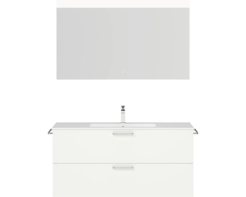 Badmöbel-Set NOBILIA Programm 2 BxHxT 121 x 169,1 x 48,7 cm Frontfarbe weiß matt mit Möbel-Waschtisch weiß und Spiegel mit LED-Beleuchtung Griff chrom matt 289