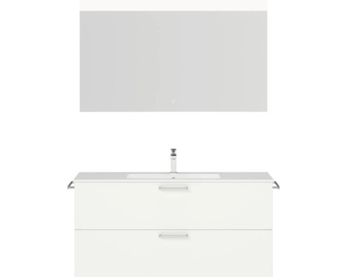 Badmöbel-Set NOBILIA Programm 2 BxHxT 121 x 169,1 x 48,7 cm Frontfarbe weiß matt mit Möbel-Waschtisch weiß und Spiegel mit LED-Beleuchtung Griff chrom matt 289 Badezimmermöbel-Set mit Waschtischunterschrank, Waschbecken und Spiegel