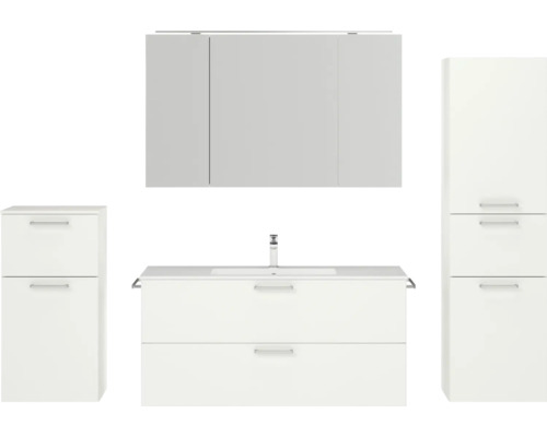 Badmöbel-Set NOBILIA Programm 2 BxHxT 230 x 169,1 x 48,7 cm Frontfarbe weiß matt mit Möbel-Waschtisch und Spiegelschrank 3-türig mit LED-Beleuchtung Unterschrank Midischrank Griff chrom matt 313 Badezimmerensemble mit Waschtischunterschrank, Hängeschrank und Hochschränken