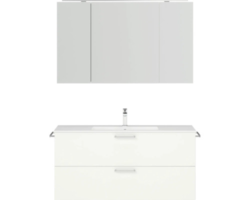 Badmöbel-Set NOBILIA Programm 2 BxHxT 121 x 169,1 x 48,7 cm Frontfarbe weiß matt mit Möbel-Waschtisch und Spiegelschrank 3-türig mit LED-Beleuchtung Griff chrom matt 297