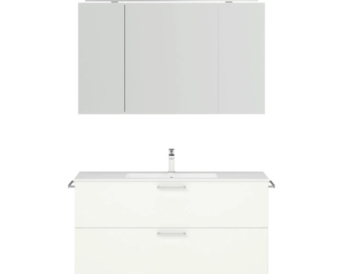 Badmöbel-Set NOBILIA Programm 2 BxHxT 121 x 169,1 x 48,7 cm Frontfarbe weiß matt mit Möbel-Waschtisch und Spiegelschrank 3-türig mit LED-Beleuchtung Griff chrom matt 297 Badezimmer Waschtisch mit zwei Schubladen, Aufsatzwaschbecken und Spiegelschrank