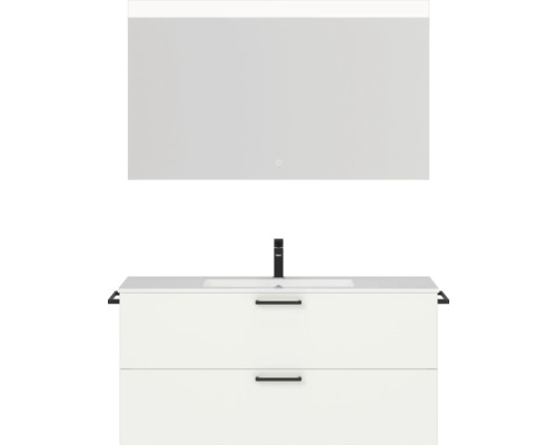 Badmöbel-Set NOBILIA Programm 2 BxHxT 121 x 169,1 x 48,7 cm Frontfarbe weiß matt mit Möbel-Waschtisch weiß und Spiegel mit LED-Beleuchtung Griff schwarz 288
