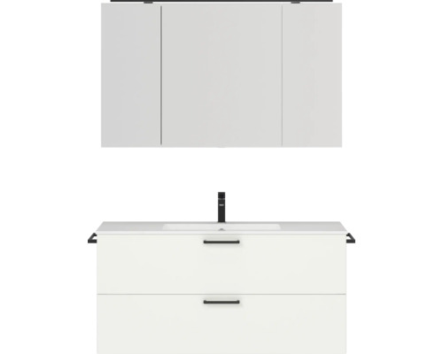 Badmöbel-Set NOBILIA Programm 2 BxHxT 121 x 169,1 x 48,7 cm Frontfarbe weiß matt mit Möbel-Waschtisch und Spiegelschrank 3-türig mit LED-Beleuchtung Griff schwarz 296