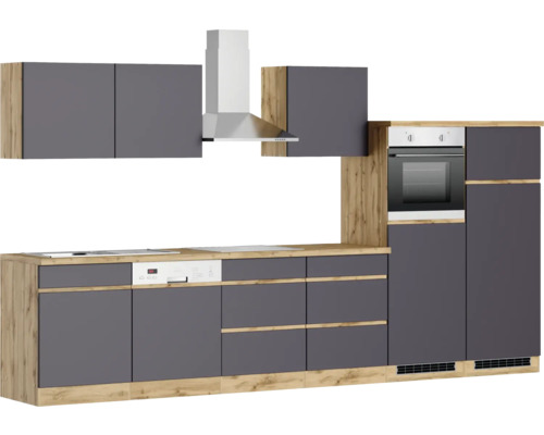 Komplette Küche mit Hängeschränken, Dunstabzugshaube, Spülmaschine und Backofen