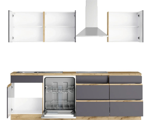 Komplette Küche mit Spülmaschine, Dunstabzugshaube, Spüle, Kochfeld und Hängeschränken