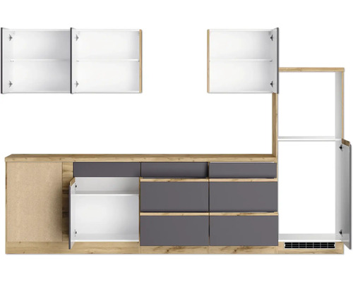 Küchenzeile mit Hänge- und Unterschränken sowie Schubladen