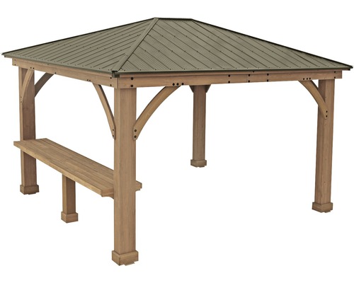 Holzpavillon mit Metalldach und integrierter Sitzbank