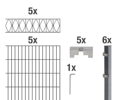 Doppelstabmatten-Set ALBERTS Eleganz 200 x 120 cm, 10 m anthrazit Bestandteile eines Zaunsystems: fünf Doppelstabmatten, fünf Abschlussleisten, fünf Zaunanschlussstücke, sechs Zaunpfosten und ein Inbusschlüssel