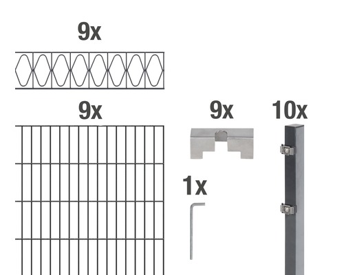 Doppelstabmatten-Set ALBERTS Eleganz 200 x 100 cm, 18 m anthrazit Bestandteile eines Zaunbausatzes: neun Zaunelemente, neun Zierleisten, neun Halterungen, zehn Pfosten und ein Schraubenschlüssel