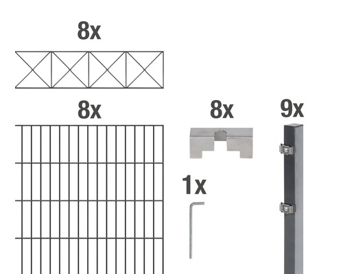 Doppelstabmatten-Set ALBERTS Nexus 200 x 120 cm, 16 m anthrazit Einzelteile eines Zaunsystems: Zaunfeld, Gittermatte, Halter, Pfosten und Werkzeug