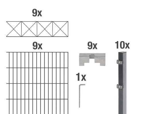 Doppelstabmatten-Set ALBERTS Nexus 200 x 120 cm, 18 m anthrazit Einzelteile eines Zaunsystems: neun Gittermatten, neun Zierelemente, neun Halter, zehn Pfosten und ein Schraubenschlüssel