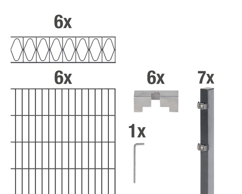 Doppelstabmatten-Set ALBERTS Eleganz 200 x 160 cm, 12 m anthrazit Bestandteile eines Zaunsystems: Zaunfelder, Pfosten, Halterungen und ein Werkzeug