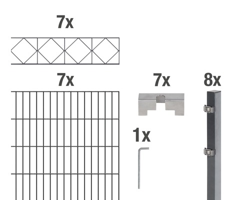 Doppelstabmatten-Set ALBERTS Bergen 200 x 160 cm, 14 m anthrazit Bestandteile eines Zaunsystems: sieben Zaunfelder mit Rautenmuster, sieben Gitterzaunfelder, sieben Zaunhalter, ein Schraubenschlüssel und acht Zaunpfosten
