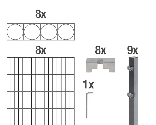 Doppelstabmatten-Set ALBERTS Oslo 200 x 160 cm, 16 m anthrazit Einzelteile für einen Zaun: Gitterelemente, Pfosten, Abdeckleisten, Winkel und Schraubenschlüssel.
