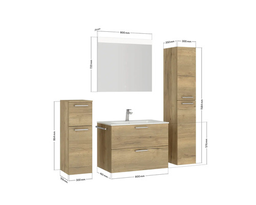 Badezimmermöbelset mit Waschtischunterschrank, Spiegelschrank und Hochschränken mit Maßangaben