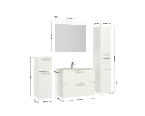 Badezimmermöbelset mit Waschtisch, Spiegelschrank und Hochschränken mit Größenangaben