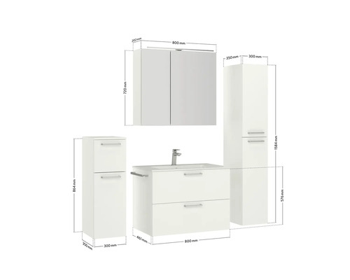 Badezimmermöbelset mit Waschtischunterschrank, Waschbecken, Spiegelschrank und Hochschränken mit Maßangaben