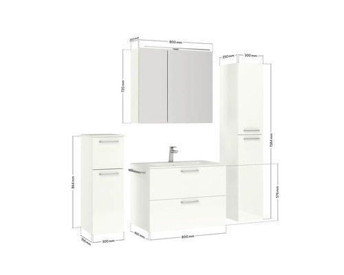 Abbildung eines weissen Badezimmermöbel-Sets mit Waschtischunterschrank, Spiegelschrank und Hochschrank mit Abmessungen