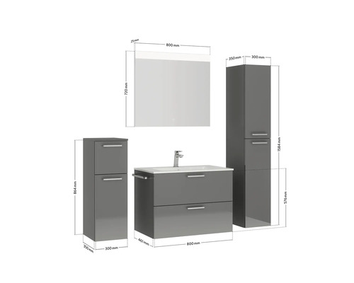 Waschtischkombination mit Spiegelschrank und zwei Hochschränken mit Maßangaben