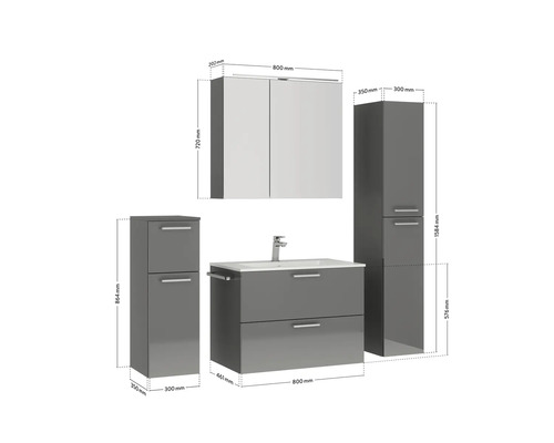 Badezimmer Set mit Waschbeckenunterschrank, Spiegelschrank und zwei Hochschränken mit den jeweiligen Maßen.