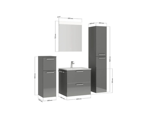 Badezimmermöbelset mit Waschtischunterschrank, Waschbecken, Spiegelschrank und Hochschrank mit Maßangaben