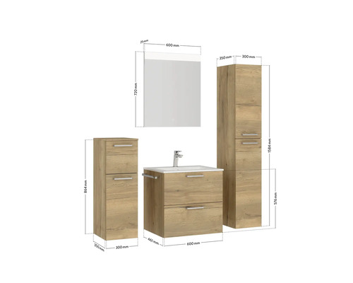 Badezimmermöbelset mit Waschtischunterschrank, Spiegelschrank und Hochschrank mit Maßangaben
