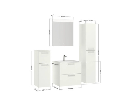 Badezimmerensemble mit Waschtischunterschrank, Waschbecken, Spiegelschrank und zwei Hochschränken mit Maßangaben