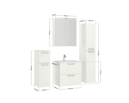 Badezimmermöbelset mit Waschtischunterschrank, Spiegelschrank und Hochschränken mit Maßangaben