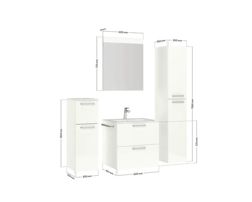 Badezimmermöbel Set mit Waschtisch, Unterschrank, Spiegelschrank und Hochschrank mit Maßangaben